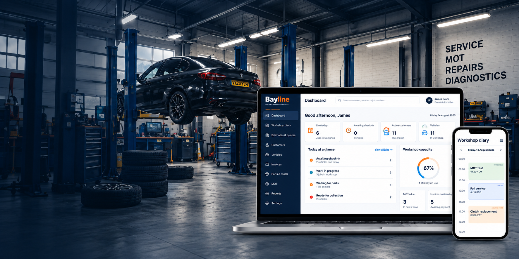Bayline dashboard on a laptop and workshop diary on a phone in a modern garage